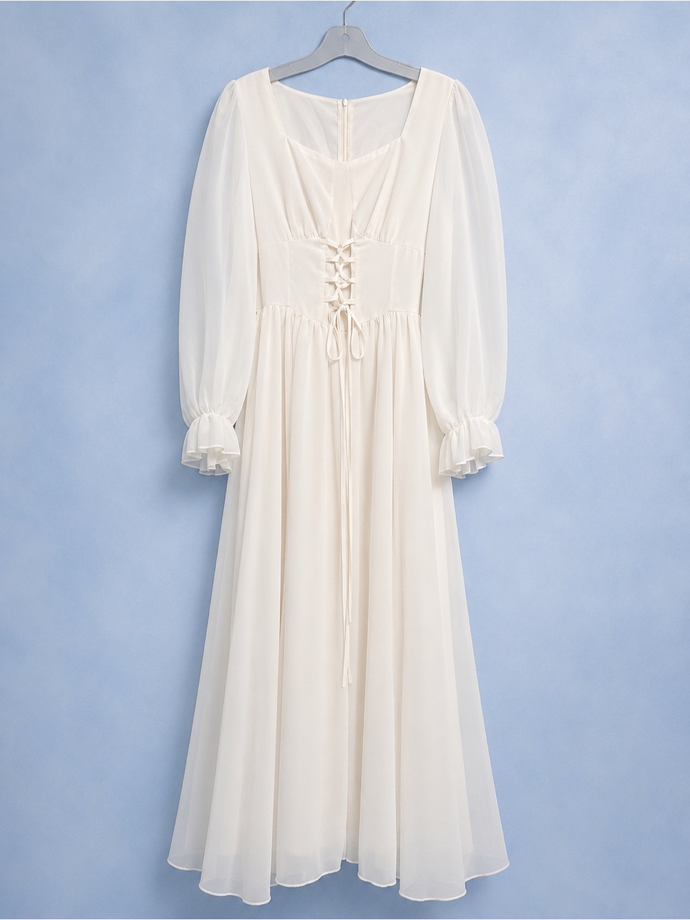 Elegant Ivory Long Sleeve Maxi Dress with Corset Drawstring
